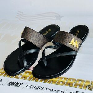 Michael Kors Sidney Flat Sandal D.Brown/Black Signature/Gold Accents/With Box